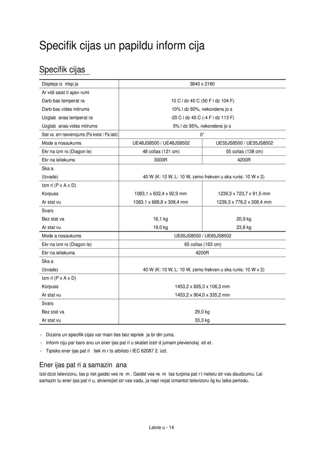 Samsung UE48JS8500LXXH, UE55JS8500LXXH manual Specifikācijas un papildu informācija, Enerģijas patēriņa samazināšana 