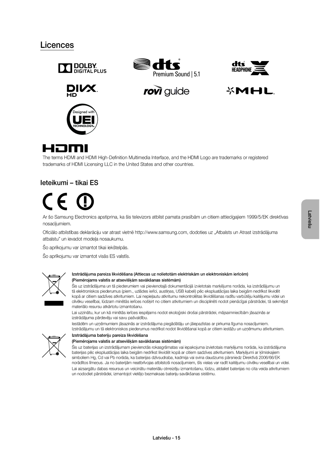 Samsung UE55JS8500LXXH, UE48JS8500LXXH, UE48JS8500LXXN, UE55JS8500LXXN, UE48JS8502TXXH manual Licences, Ieteikumi tikai ES 