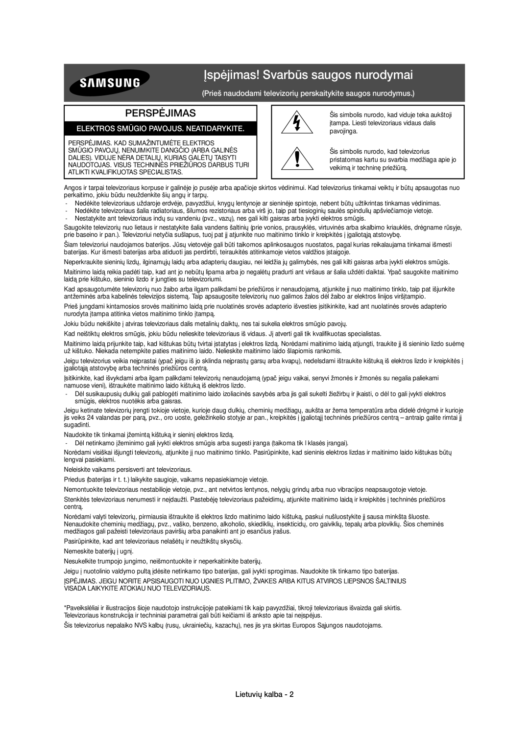 Samsung UE48JS8500LXXN, UE48JS8500LXXH, UE55JS8500LXXH, UE55JS8500LXXN Įspėjimas! Svarbūs saugos nurodymai, Lietuvių kalba 