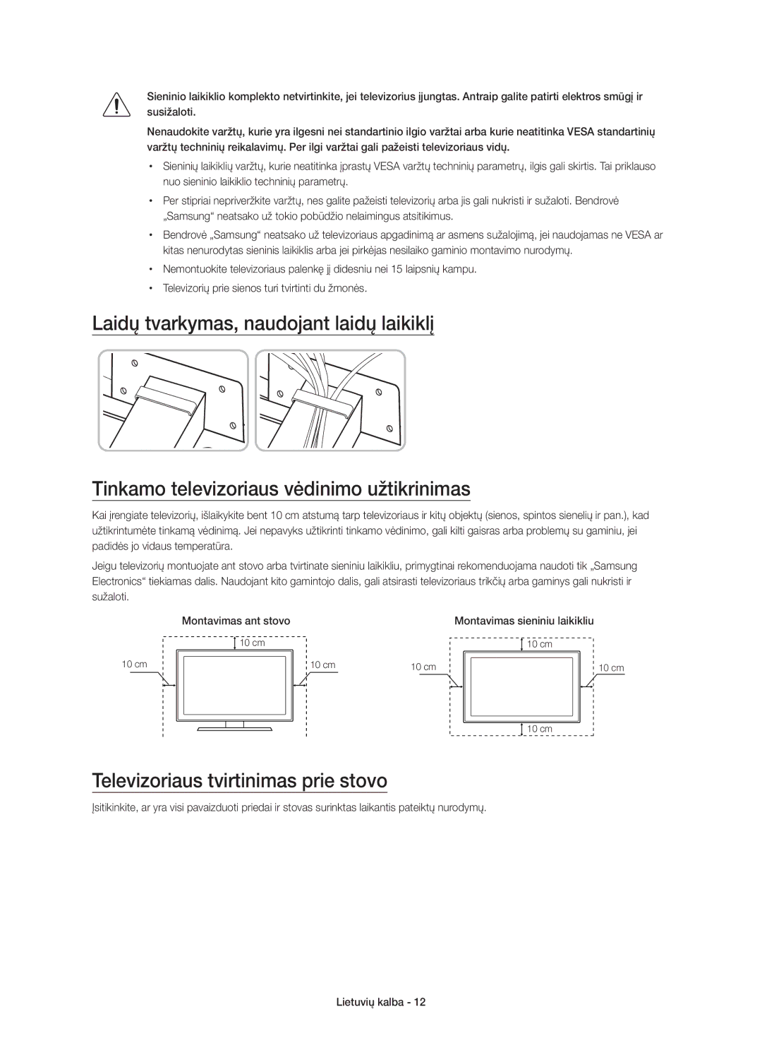 Samsung UE65JS8502TXXH, UE48JS8500LXXH, UE55JS8500LXXH Televizoriaus tvirtinimas prie stovo, Montavimas sieniniu laikikliu 