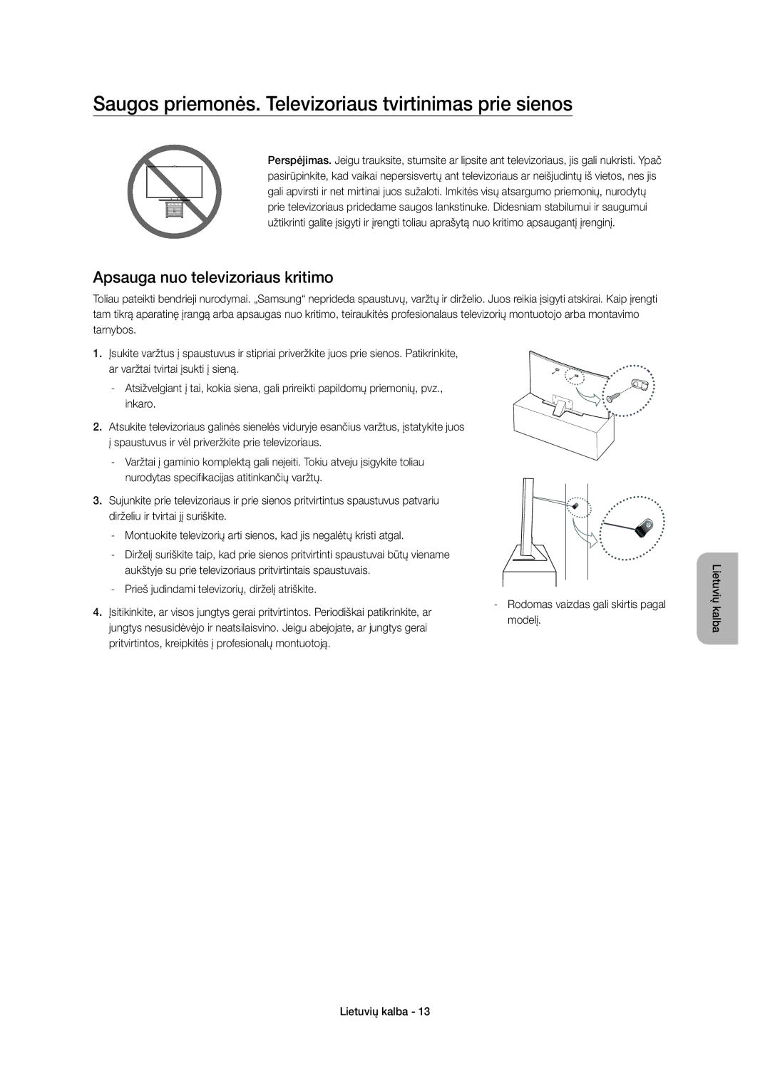 Samsung UE55JS8502TXXH manual Saugos priemonės. Televizoriaus tvirtinimas prie sienos, Apsauga nuo televizoriaus kritimo 