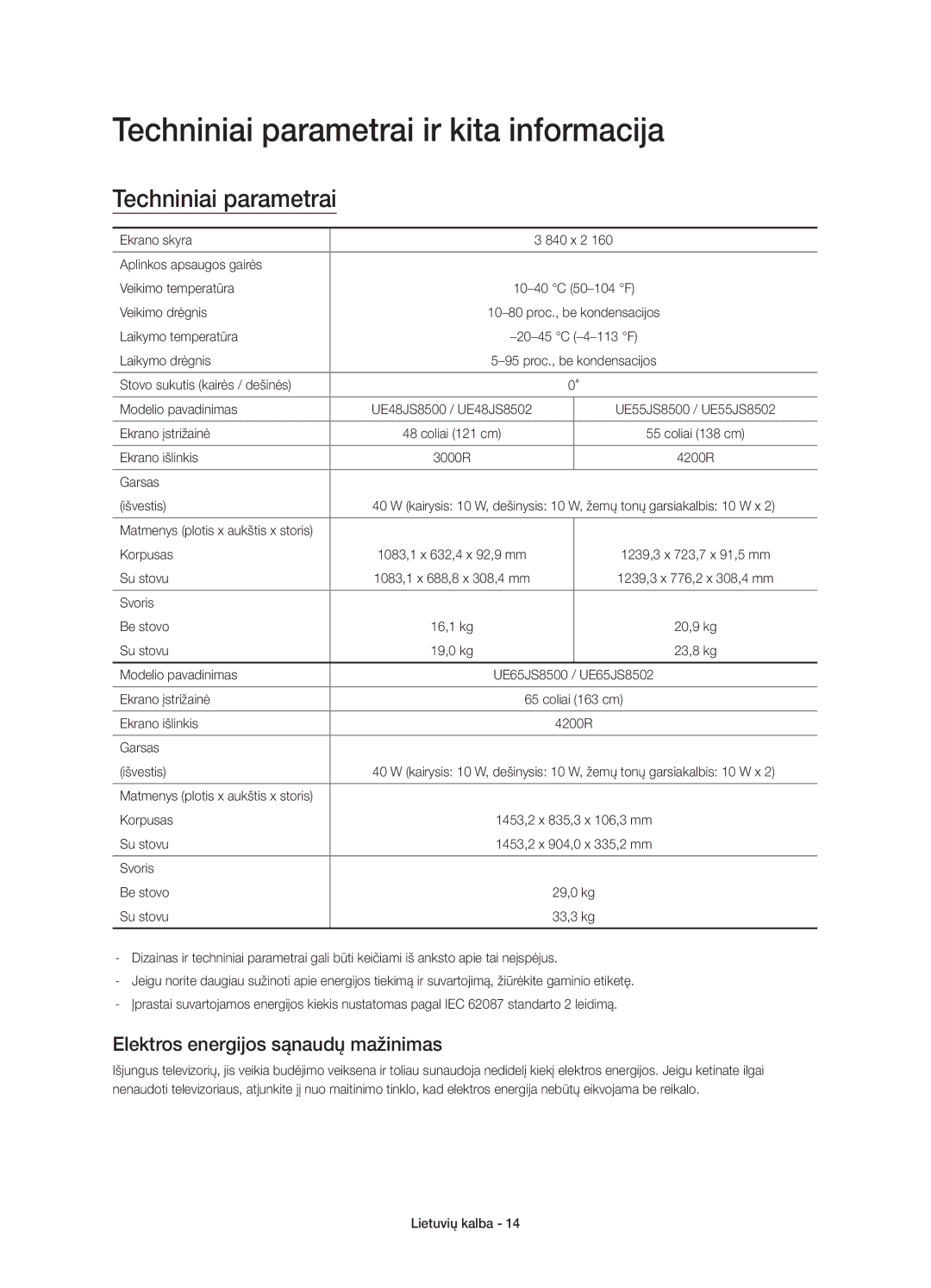 Samsung UE48JS8500LXXH, UE55JS8500LXXH Techniniai parametrai ir kita informacija, Elektros energijos sąnaudų mažinimas 