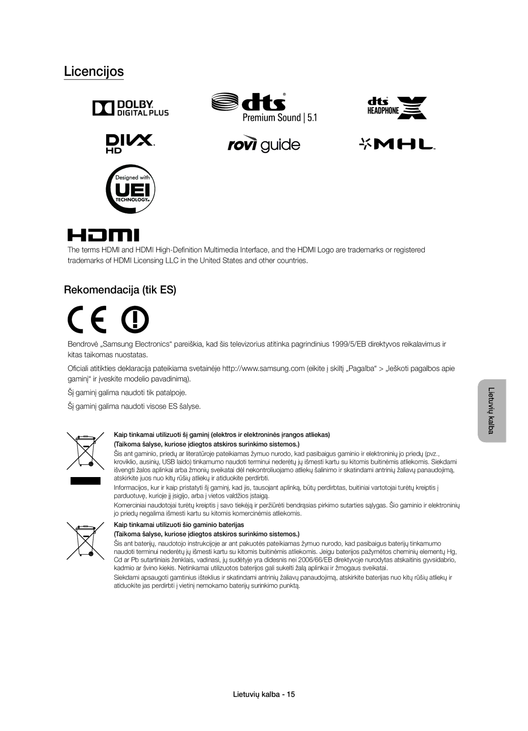 Samsung UE55JS8500LXXH, UE48JS8500LXXH, UE48JS8500LXXN, UE55JS8500LXXN, UE48JS8502TXXH manual Licencijos, Rekomendacija tik ES 