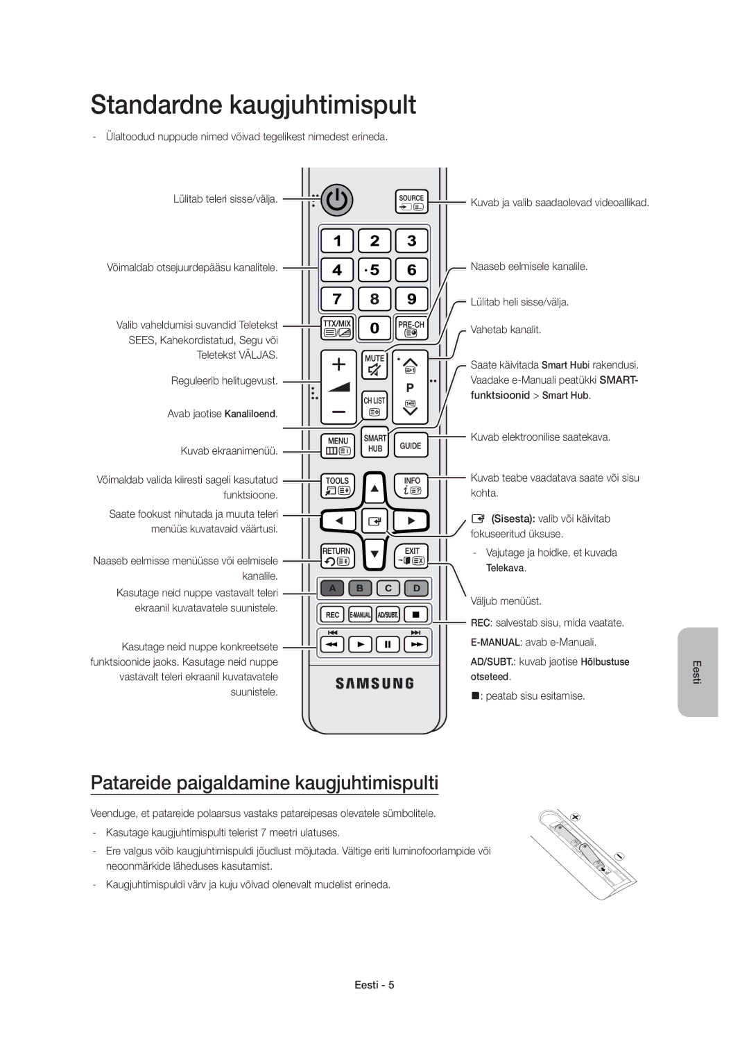 Samsung UE65JS8502TXXH, UE48JS8500LXXH manual Standardne kaugjuhtimispult, Patareide paigaldamine kaugjuhtimispulti 