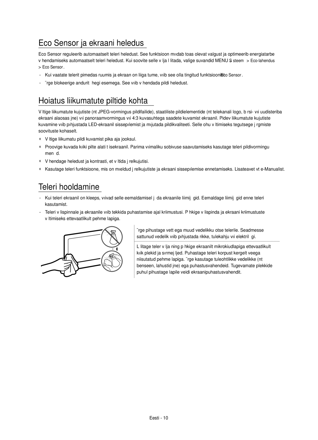 Samsung UE55JS8500LXXN, UE48JS8500LXXH Eco Sensor ja ekraani heledus, Hoiatus liikumatute piltide kohta, Teleri hooldamine 