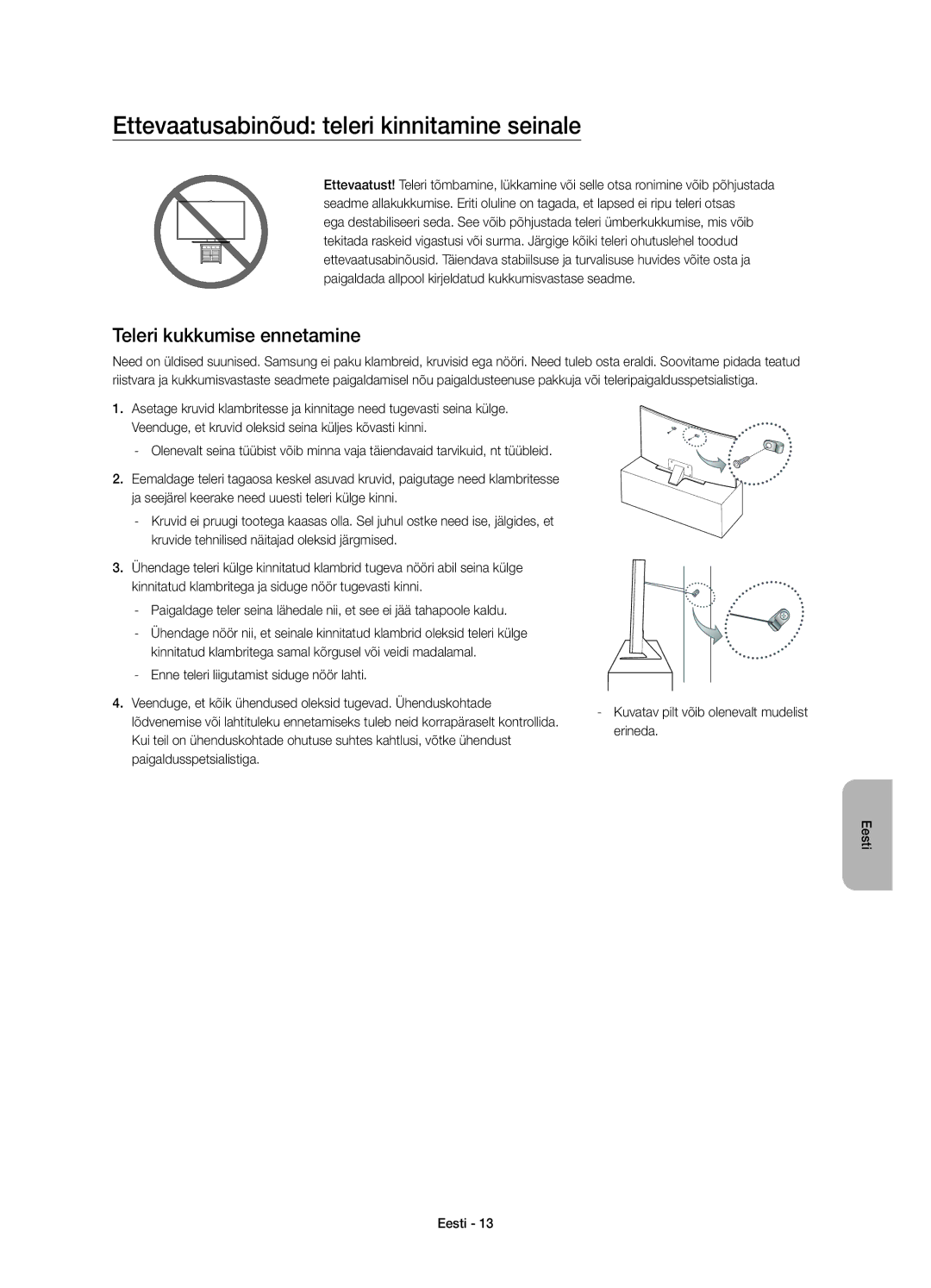 Samsung UE55JS8502TXXH, UE48JS8500LXXH manual Ettevaatusabinõud teleri kinnitamine seinale, Teleri kukkumise ennetamine 