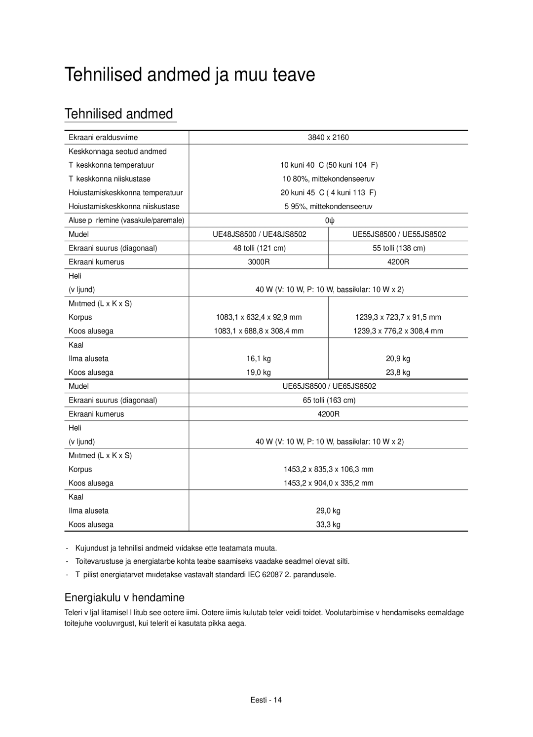 Samsung UE48JS8500LXXH, UE55JS8500LXXH, UE48JS8500LXXN manual Tehnilised andmed ja muu teave, Energiakulu vähendamine 