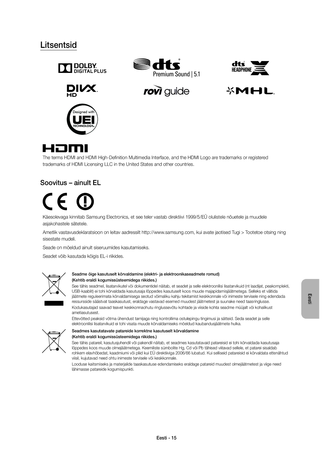 Samsung UE55JS8500LXXH, UE48JS8500LXXH, UE48JS8500LXXN, UE55JS8500LXXN, UE48JS8502TXXH manual Litsentsid, Soovitus ainult EL 