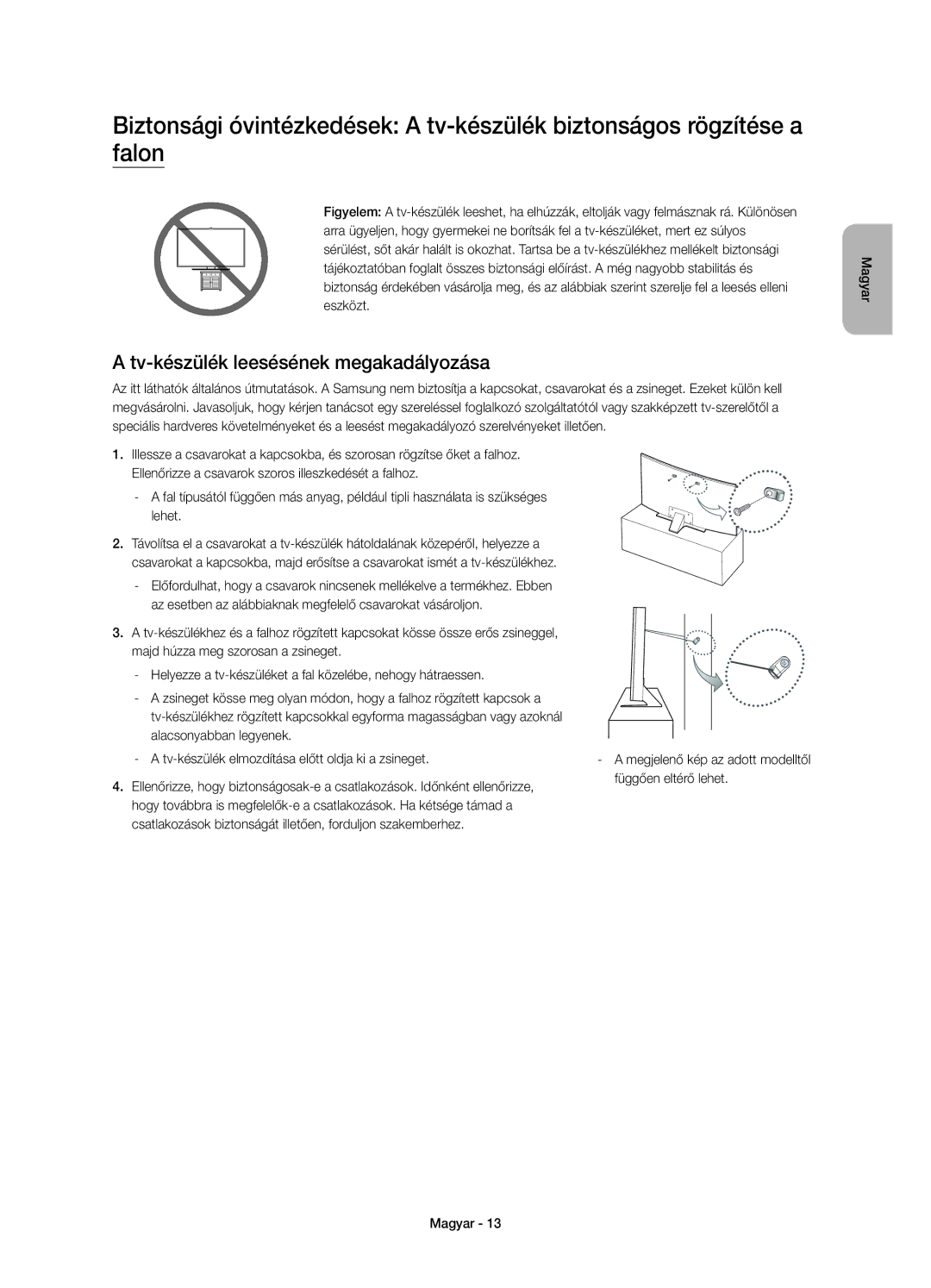 Samsung UE55JS8502TXXH, UE48JS8500LXXH, UE55JS8500LXXH, UE48JS8500LXXN, UE55JS8500LXXN Tv-készülék leesésének megakadályozása 