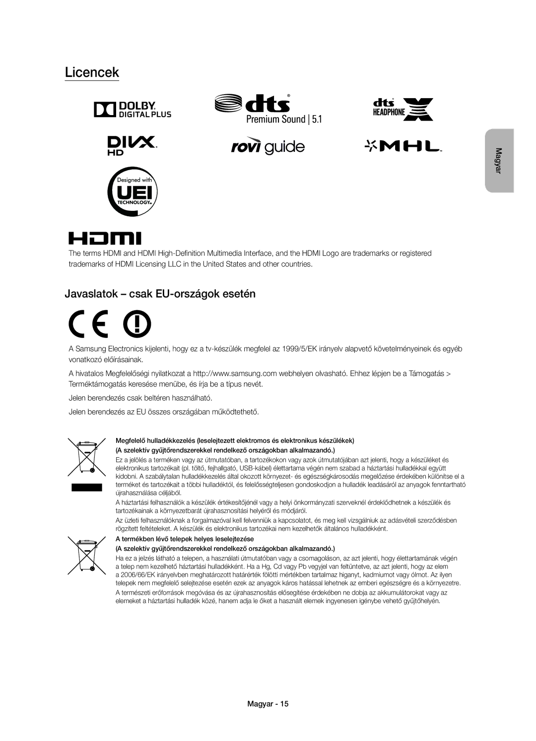 Samsung UE55JS8500LXXH, UE48JS8500LXXH, UE48JS8500LXXN, UE55JS8500LXXN manual Licencek, Javaslatok csak EU-országok esetén 