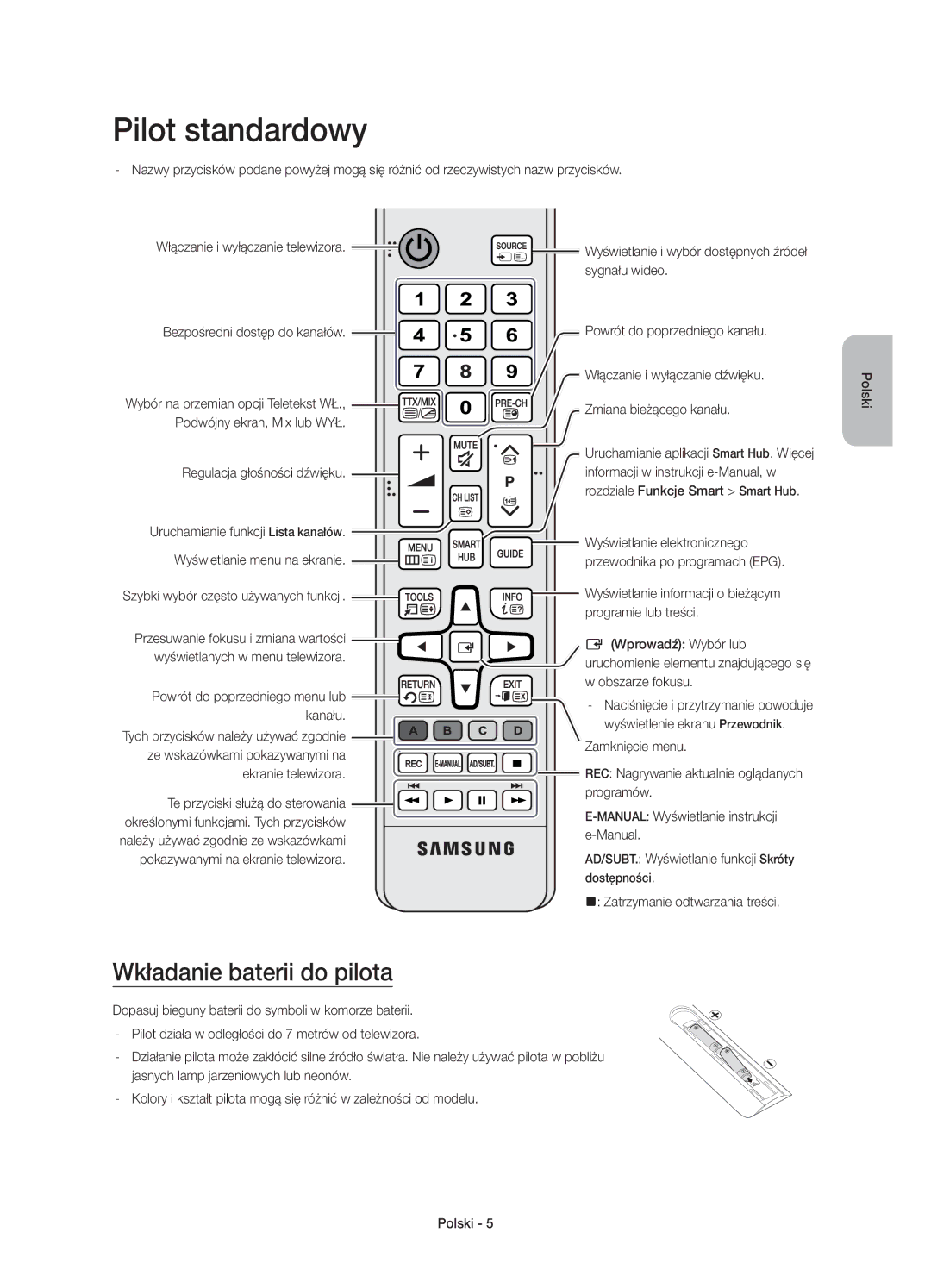Samsung UE65JS8502TXXH, UE48JS8500LXXH, UE55JS8500LXXH, UE48JS8500LXXN manual Pilot standardowy, Wkładanie baterii do pilota 
