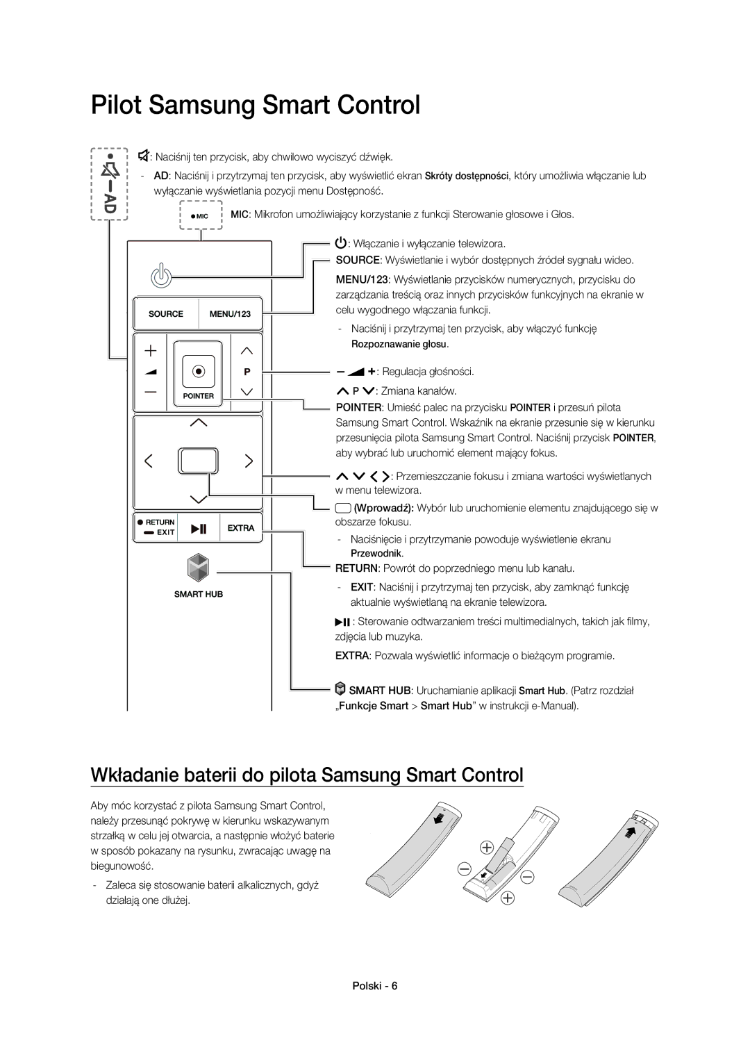 Samsung UE55JS8502TXXH, UE48JS8500LXXH manual Pilot Samsung Smart Control, Wkładanie baterii do pilota Samsung Smart Control 