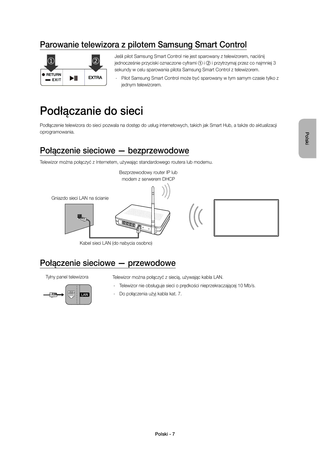 Samsung UE48JS8500LXXH, UE55JS8500LXXH manual Podłączanie do sieci, Parowanie telewizora z pilotem Samsung Smart Control 