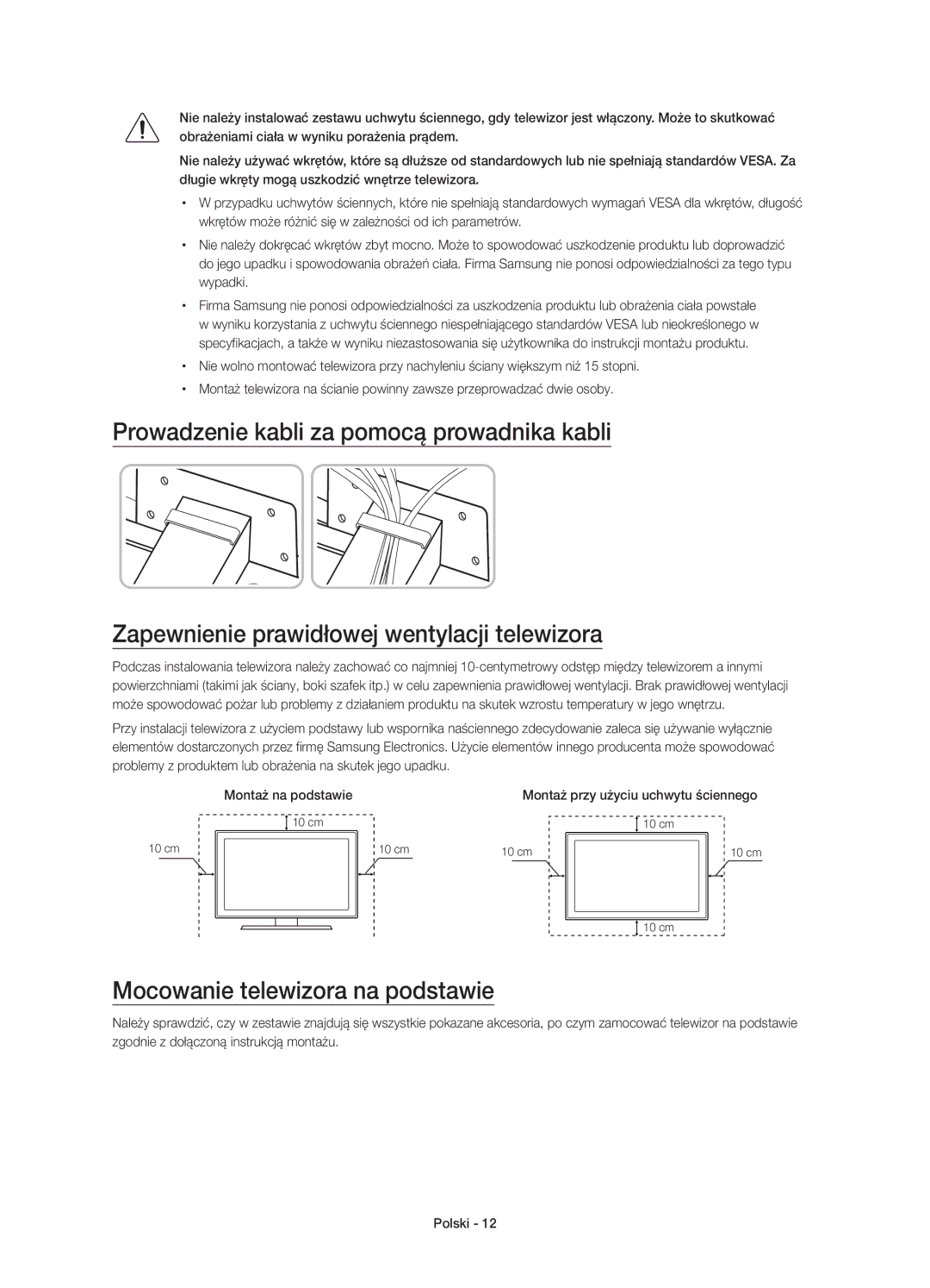 Samsung UE65JS8502TXXH, UE48JS8500LXXH, UE55JS8500LXXH, UE48JS8500LXXN, UE55JS8500LXXN manual Mocowanie telewizora na podstawie 