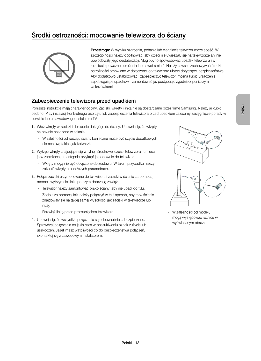 Samsung UE55JS8502TXXH manual Środki ostrożności mocowanie telewizora do ściany, Zabezpieczenie telewizora przed upadkiem 