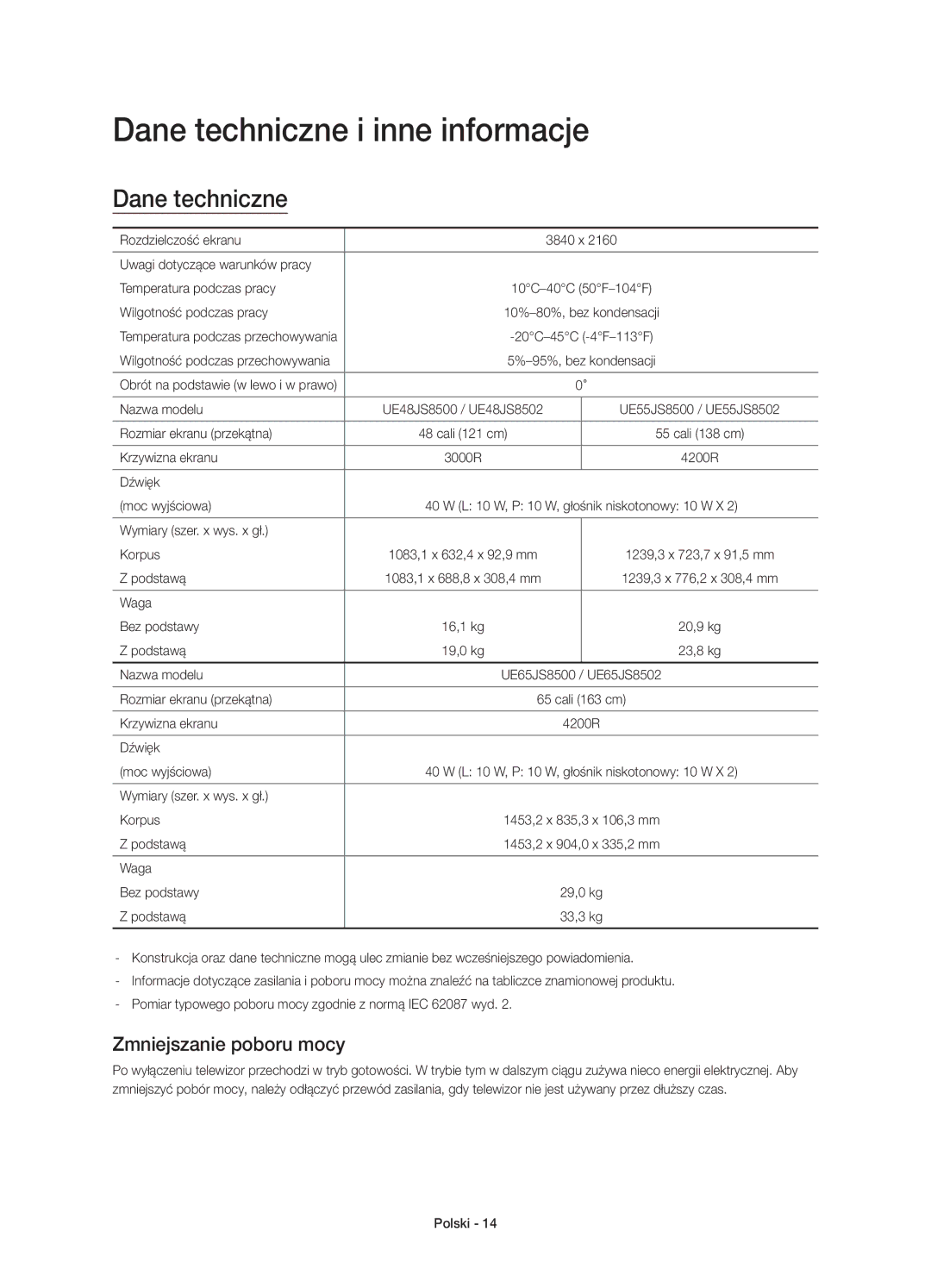 Samsung UE48JS8500LXXH, UE55JS8500LXXH, UE48JS8500LXXN manual Dane techniczne i inne informacje, Zmniejszanie poboru mocy 