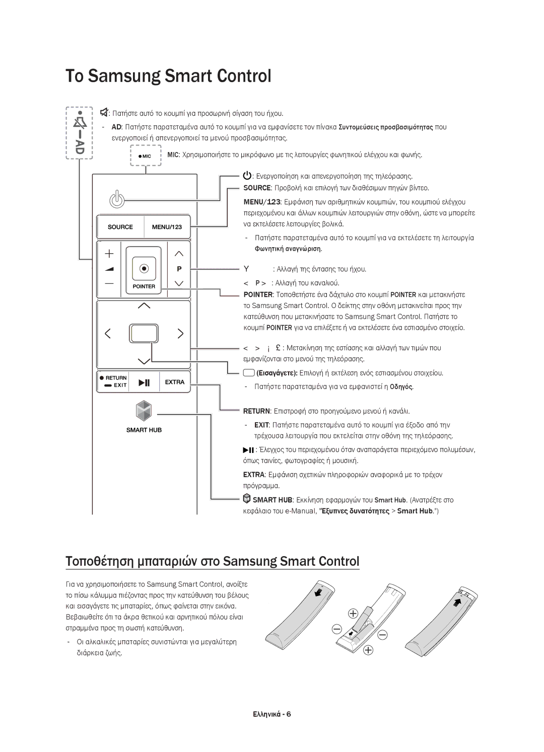 Samsung UE55JS8502TXXH, UE48JS8500LXXH manual Το Samsung Smart Control, Τοποθέτηση μπαταριών στο Samsung Smart Control 