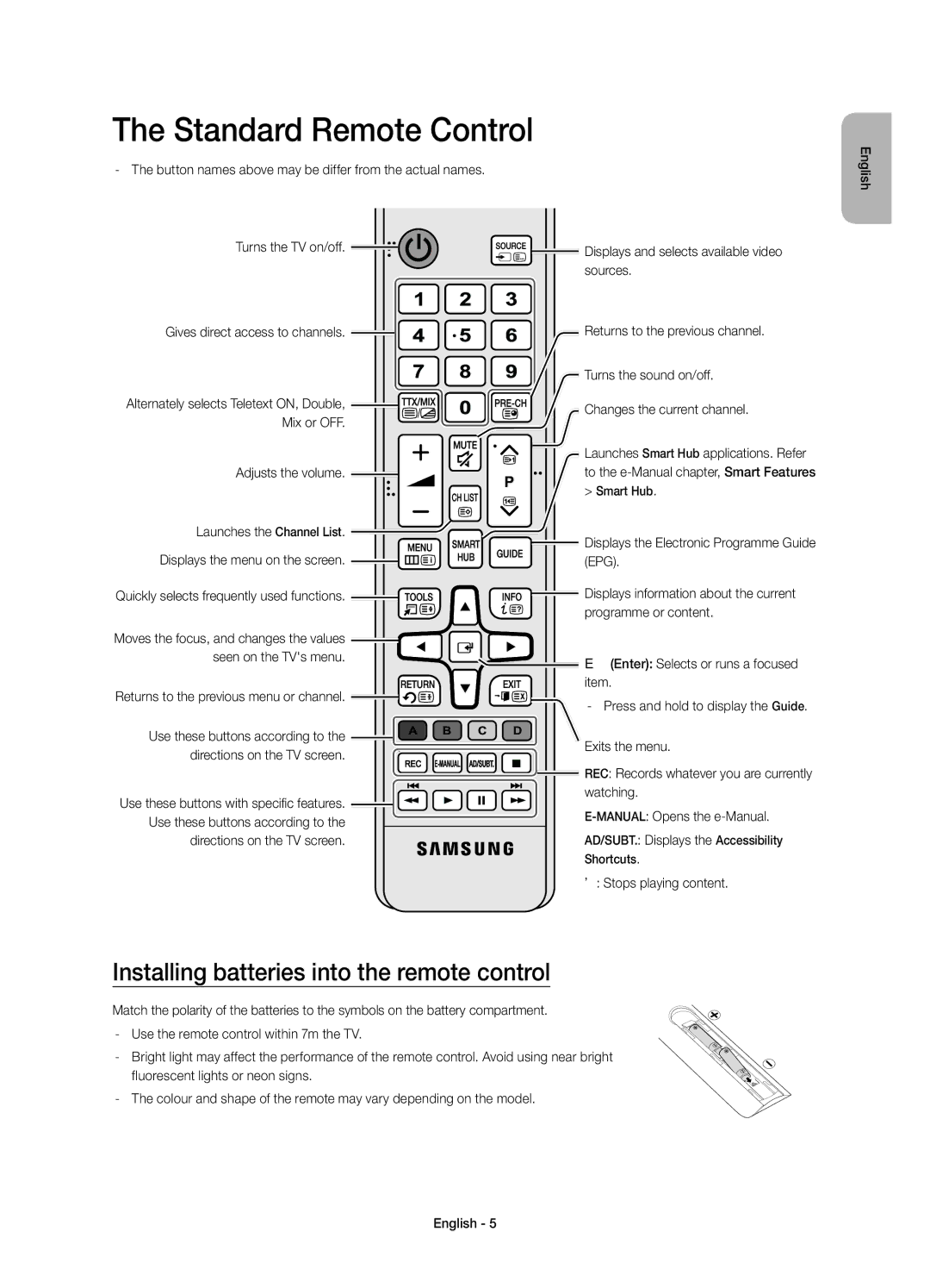 Samsung UE65JS8502TXXH, UE48JS8500LXXH manual Standard Remote Control, Installing batteries into the remote control 