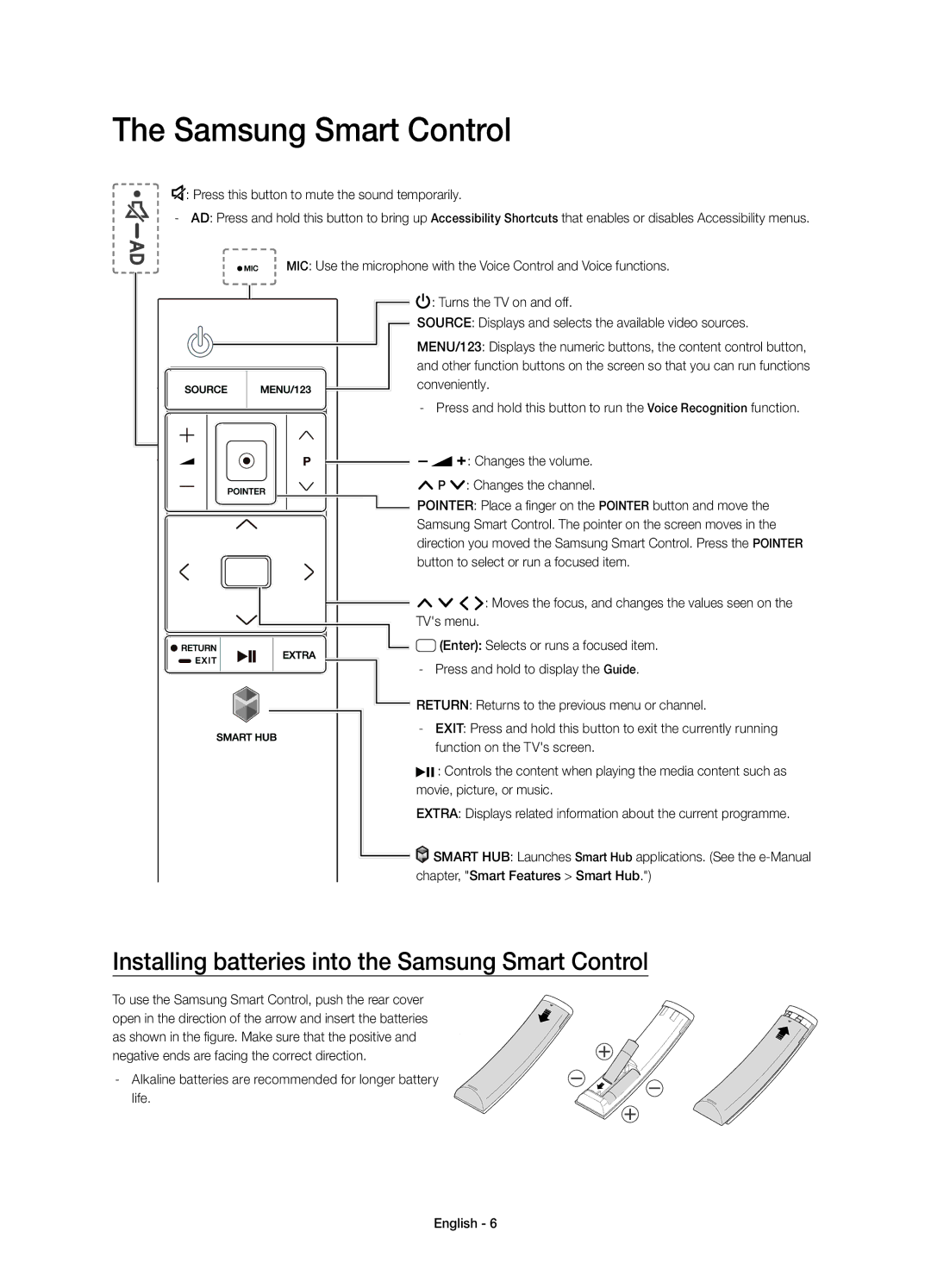 Samsung UE55JS8502TXXH, UE48JS8500LXXH, UE55JS8500LXXH manual Installing batteries into the Samsung Smart Control 