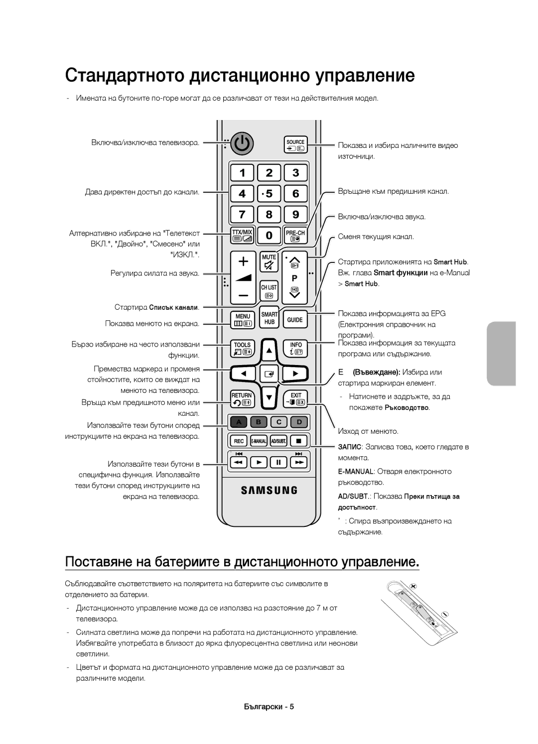 Samsung UE65JS8502TXXH manual Стандартното дистанционно управление, Поставяне на батериите в дистанционното управление 