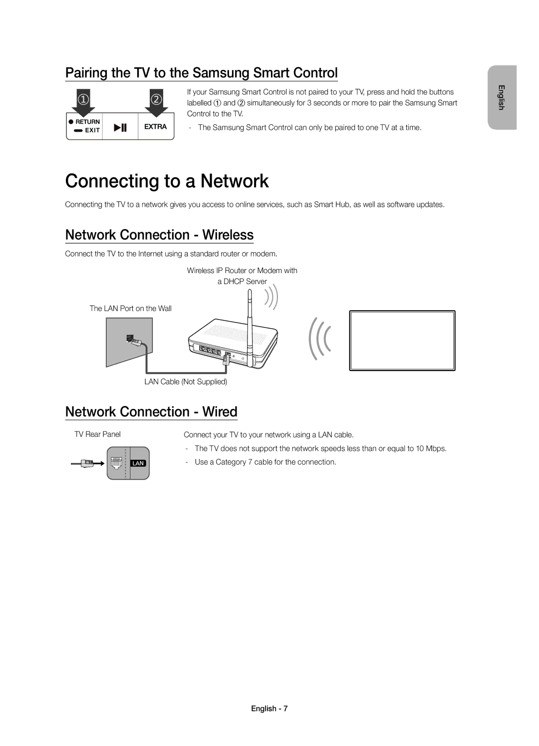 Samsung UE48JS8500LXXH Connecting to a Network, Pairing the TV to the Samsung Smart Control, Network Connection Wireless 