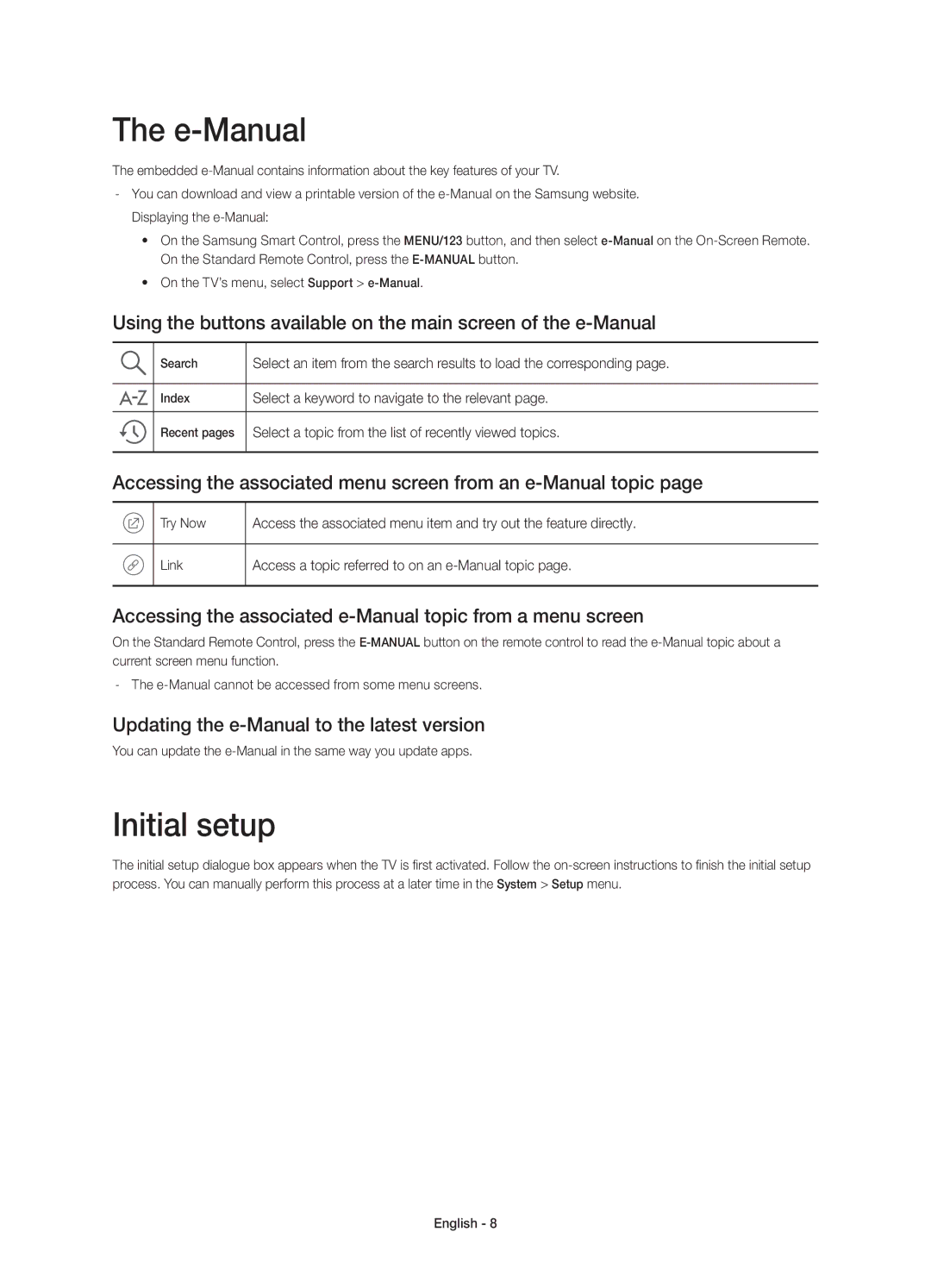 Samsung UE55JS8500LXXH manual E-Manual, Initial setup, Accessing the associated menu screen from an e-Manual topic 