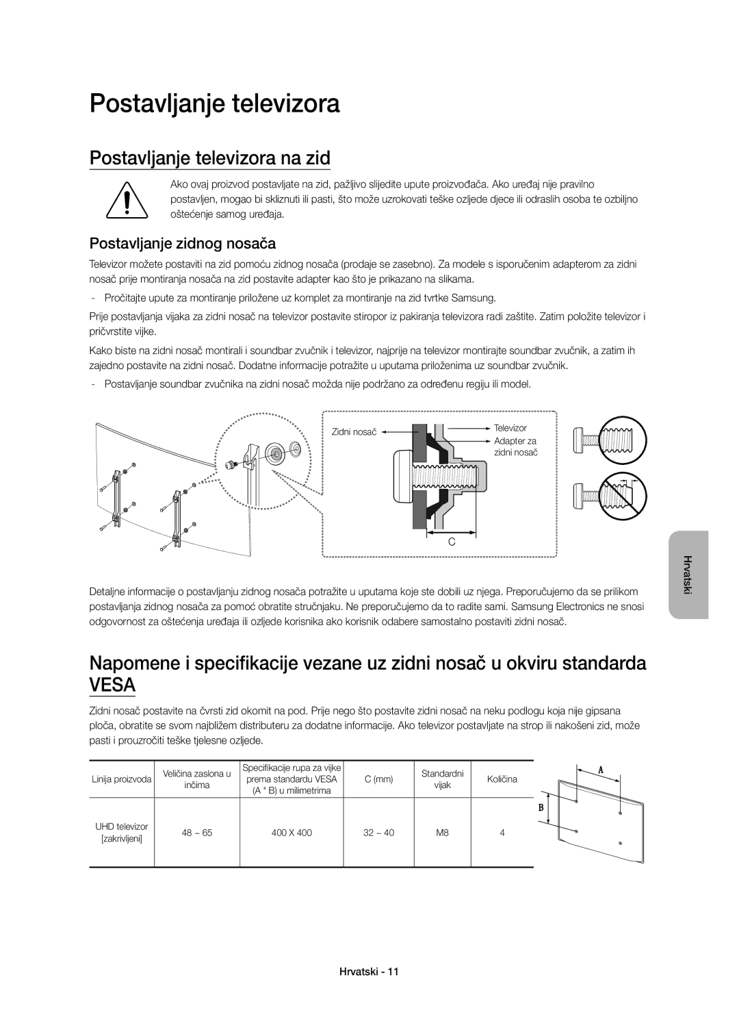 Samsung UE48JS8502TXXH, UE48JS8500LXXH, UE55JS8500LXXH manual Postavljanje televizora na zid, Postavljanje zidnog nosača 