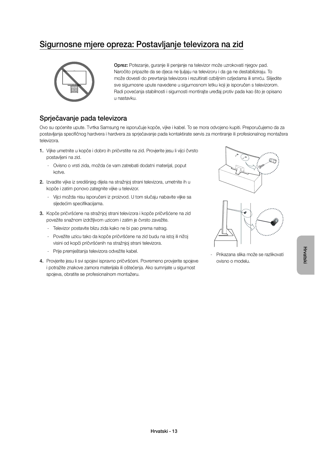 Samsung UE55JS8502TXXH manual Sigurnosne mjere opreza Postavljanje televizora na zid, Sprječavanje pada televizora 