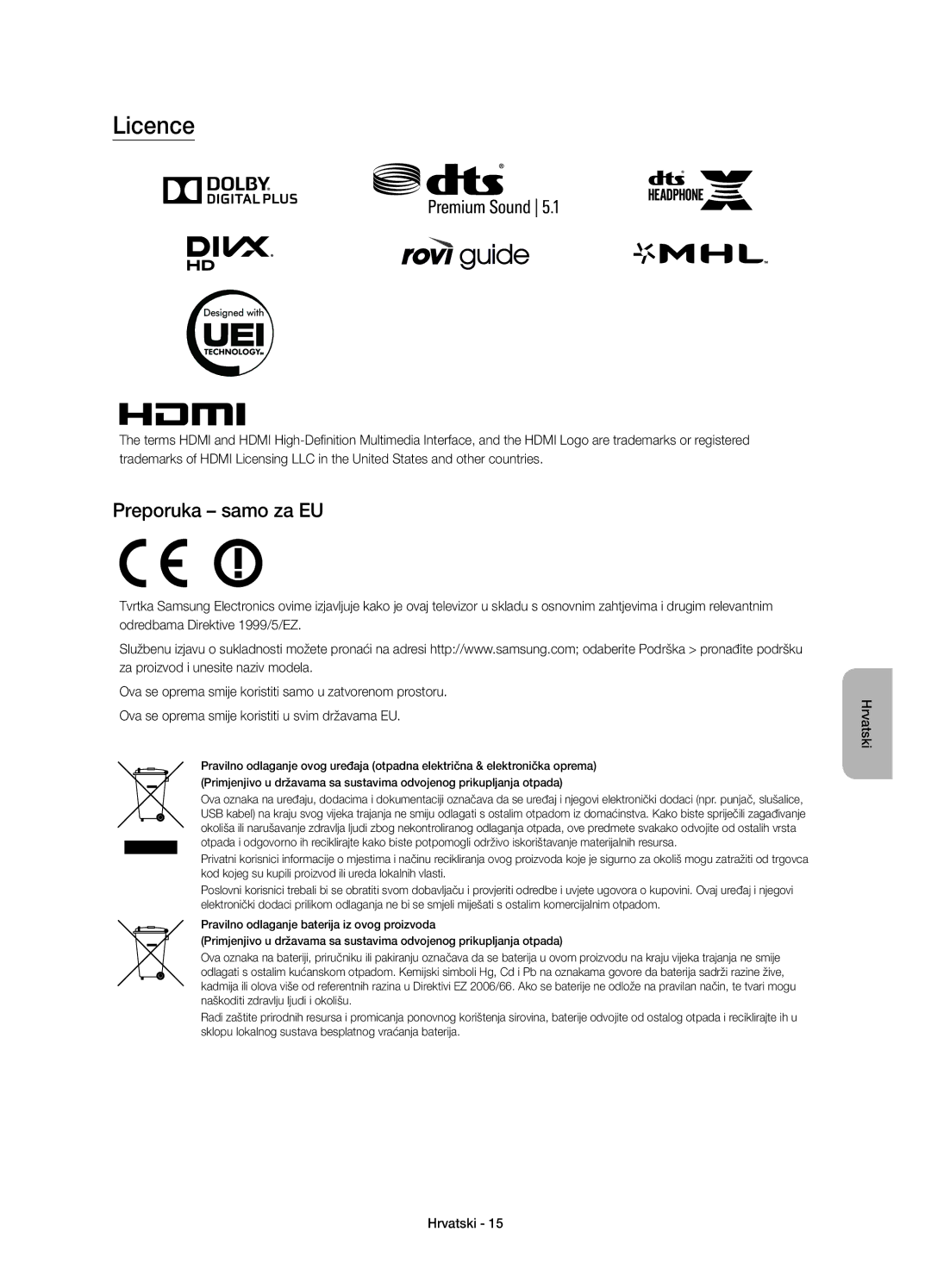 Samsung UE55JS8500LXXH, UE48JS8500LXXH, UE48JS8500LXXN, UE55JS8500LXXN, UE48JS8502TXXH manual Licence, Preporuka samo za EU 