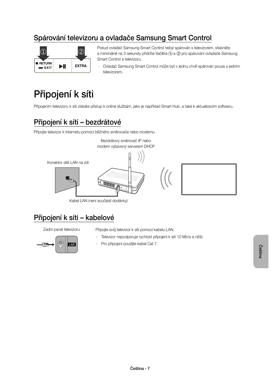 Samsung UE48JS8500LXXH manual Spárování televizoru a ovladače Samsung Smart Control, Připojení k síti kabelové 