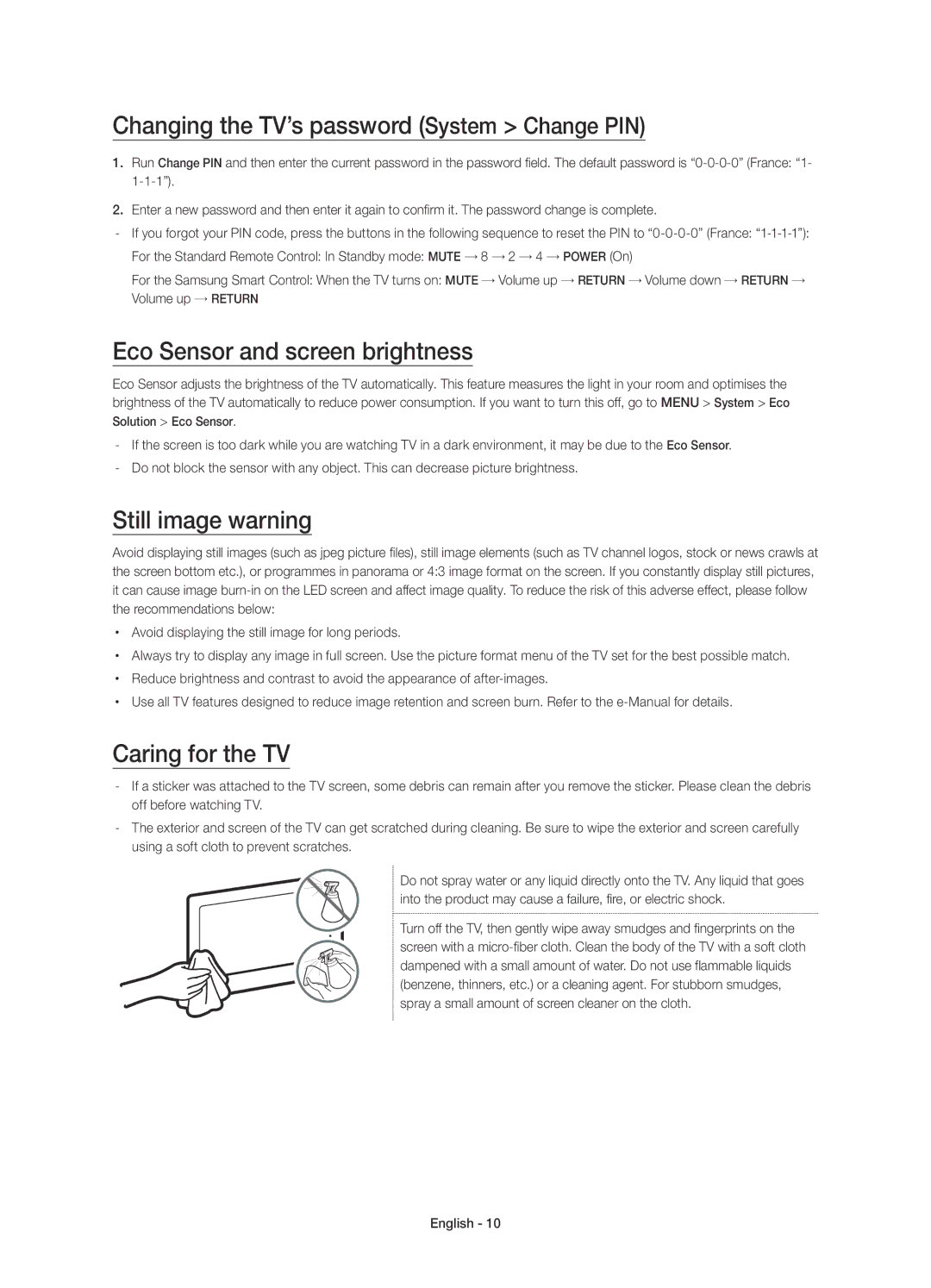 Samsung UE55JS8500LXXH Changing the TV’s password System Change PIN, Eco Sensor and screen brightness, Still image warning 