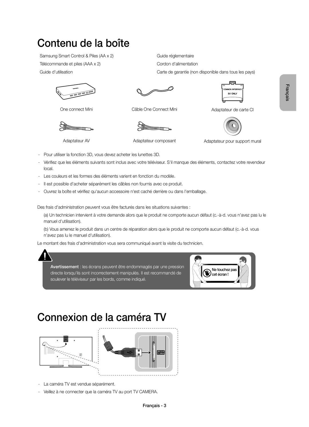 Samsung UE48JS8500LXXH manual Contenu de la boîte, Connexion de la caméra TV, One connect Mini Câble One Connect Mini 