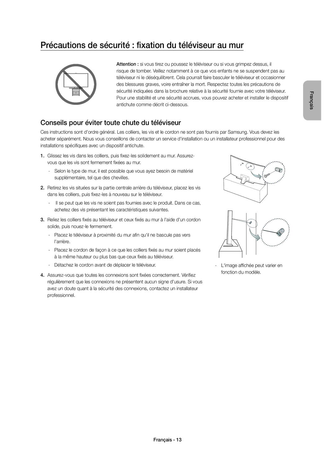 Samsung UE48JS8500TXZF, UE48JS8500TXXC, UE48JS8500LXXH, UE55JS8500LXXH Précautions de sécurité fixation du téléviseur au mur 