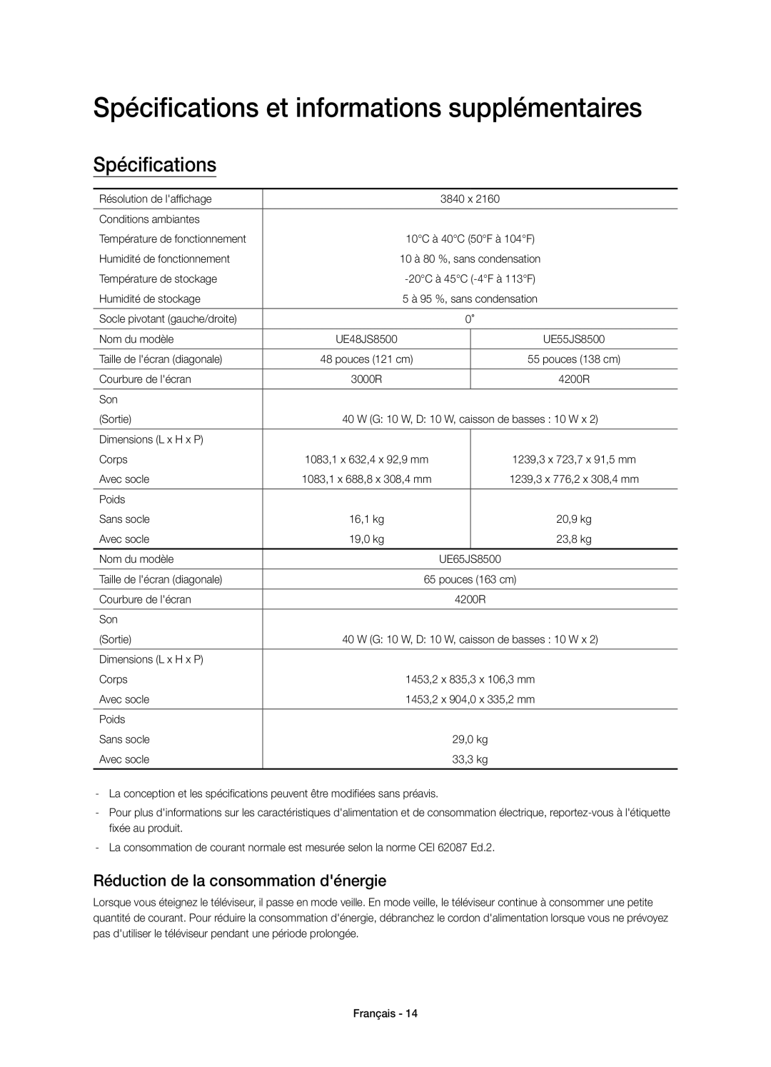 Samsung UE48JS8500TXZT manual Spécifications et informations supplémentaires, Réduction de la consommation dénergie 