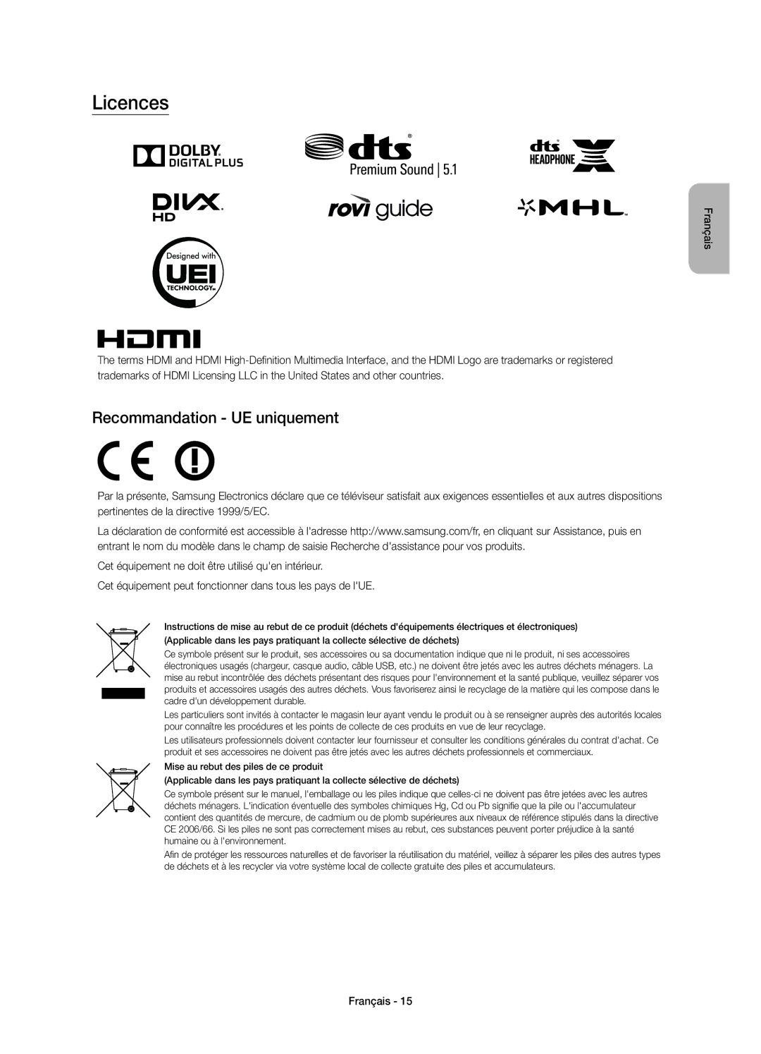 Samsung UE48JS8500LXXN, UE48JS8500TXXC, UE48JS8500LXXH, UE55JS8500LXXH, UE48JS8500TXZF Licences, Recommandation UE uniquement 