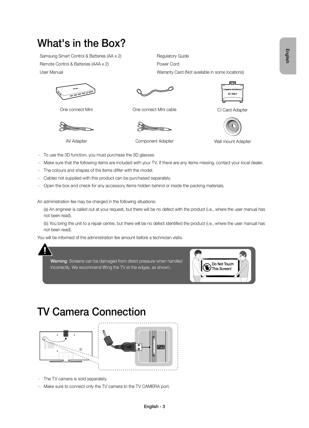 Samsung UE48JS8500TXZF, UE48JS8500TXXC Whats in the Box?, TV Camera Connection, One connect Mini One connect Mini cable 