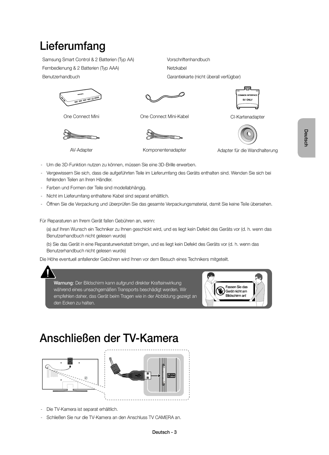 Samsung UE48JS8500TXXU, UE48JS8500TXXC Lieferumfang, Anschließen der TV-Kamera, One Connect Mini One Connect Mini-Kabel 