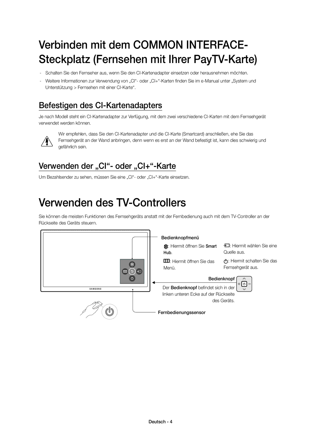 Samsung UE48JS8500TXXC Verwenden des TV-Controllers, Befestigen des CI-Kartenadapters, Verwenden der „CI- oder „CI+-Karte 