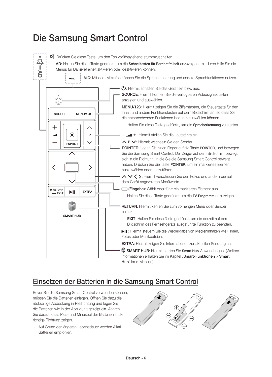 Samsung UE55JS8500LXXH, UE48JS8500TXXC Die Samsung Smart Control, Einsetzen der Batterien in die Samsung Smart Control 