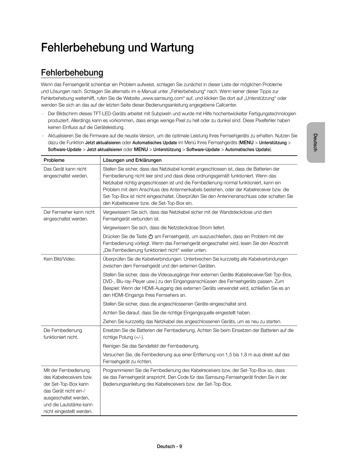 Samsung UE48JS8500LXXN, UE48JS8500TXXC, UE48JS8500LXXH, UE55JS8500LXXH, UE48JS8500TXZF manual Fehlerbehebung und Wartung 