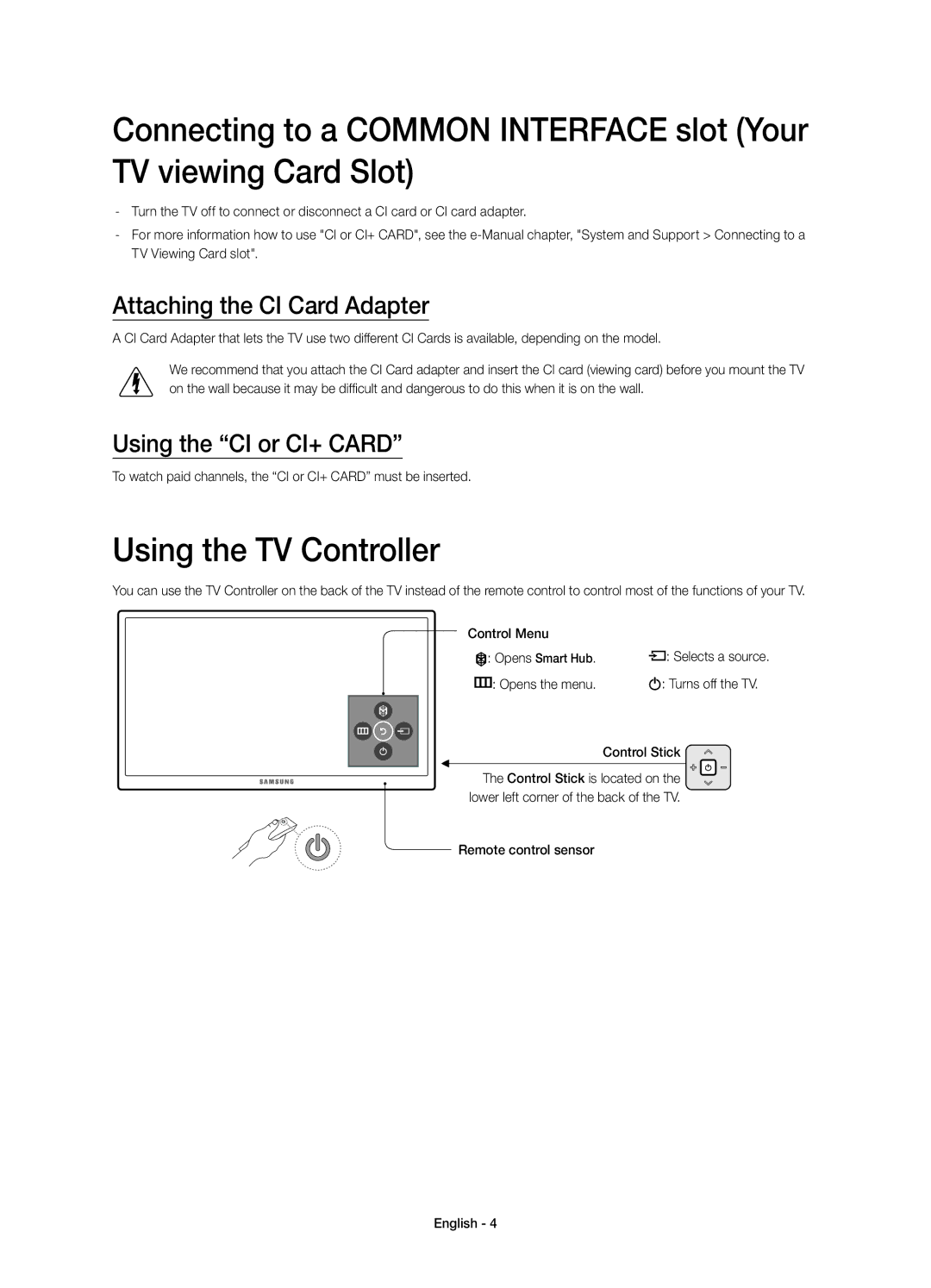 Samsung UE48JS8500TXZT, UE48JS8500TXXC Using the TV Controller, Attaching the CI Card Adapter, Using the CI or CI+ Card 