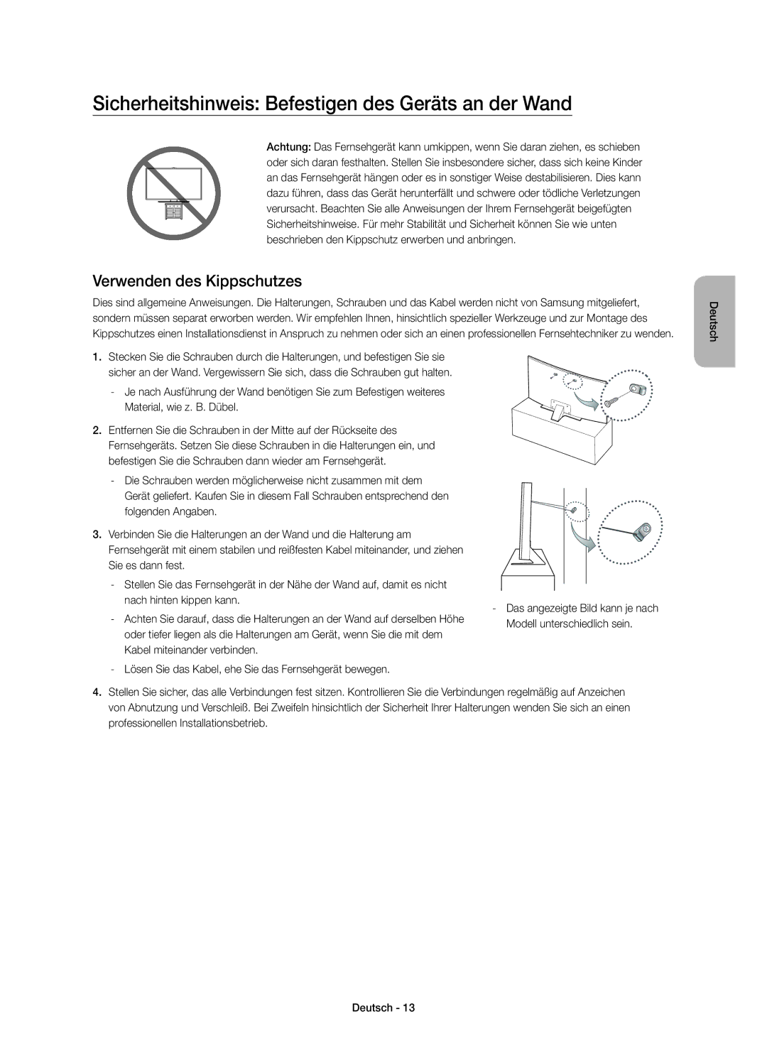 Samsung UE48JS8500LXXH, UE48JS8500TXXC Sicherheitshinweis Befestigen des Geräts an der Wand, Verwenden des Kippschutzes 