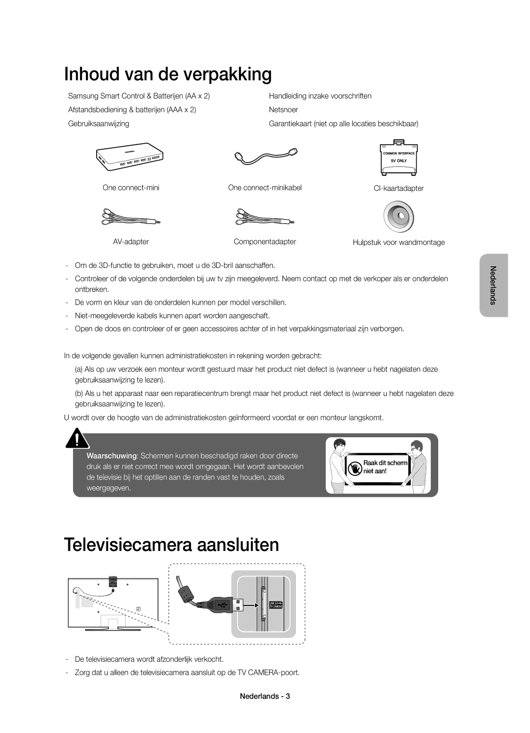 Samsung UE48JS8500LXXN manual Inhoud van de verpakking, Televisiecamera aansluiten, One connect-mini One connect-minikabel 