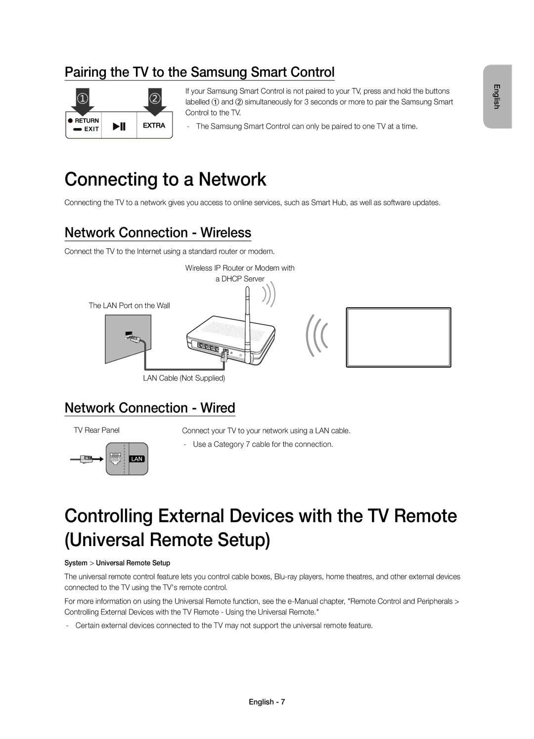 Samsung UE48JS8500TXXU Connecting to a Network, Pairing the TV to the Samsung Smart Control, Network Connection Wireless 