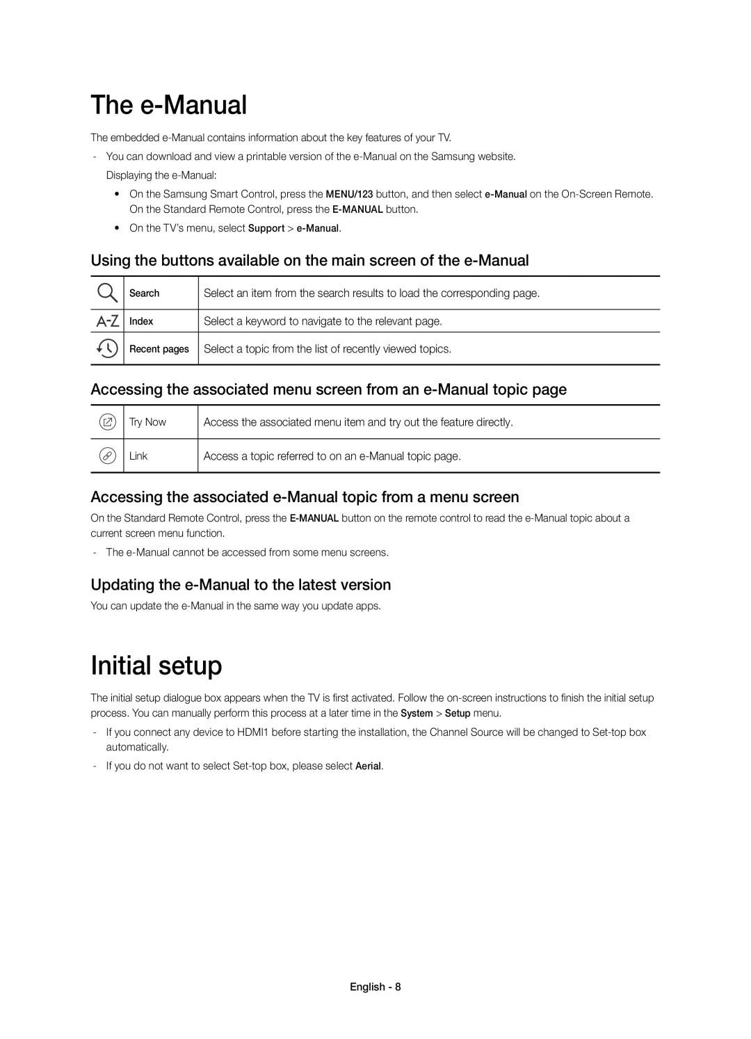 Samsung UE48JS8500TXXC manual E-Manual, Initial setup, Accessing the associated menu screen from an e-Manual topic 