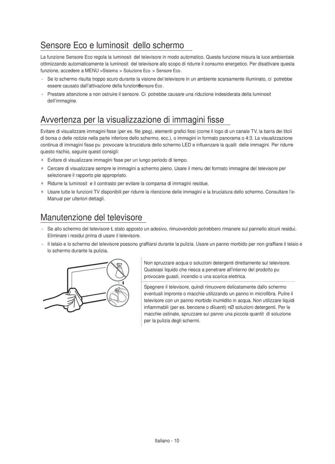 Samsung UE48JS8500TXXC manual Sensore Eco e luminosità dello schermo, Avvertenza per la visualizzazione di immagini fisse 