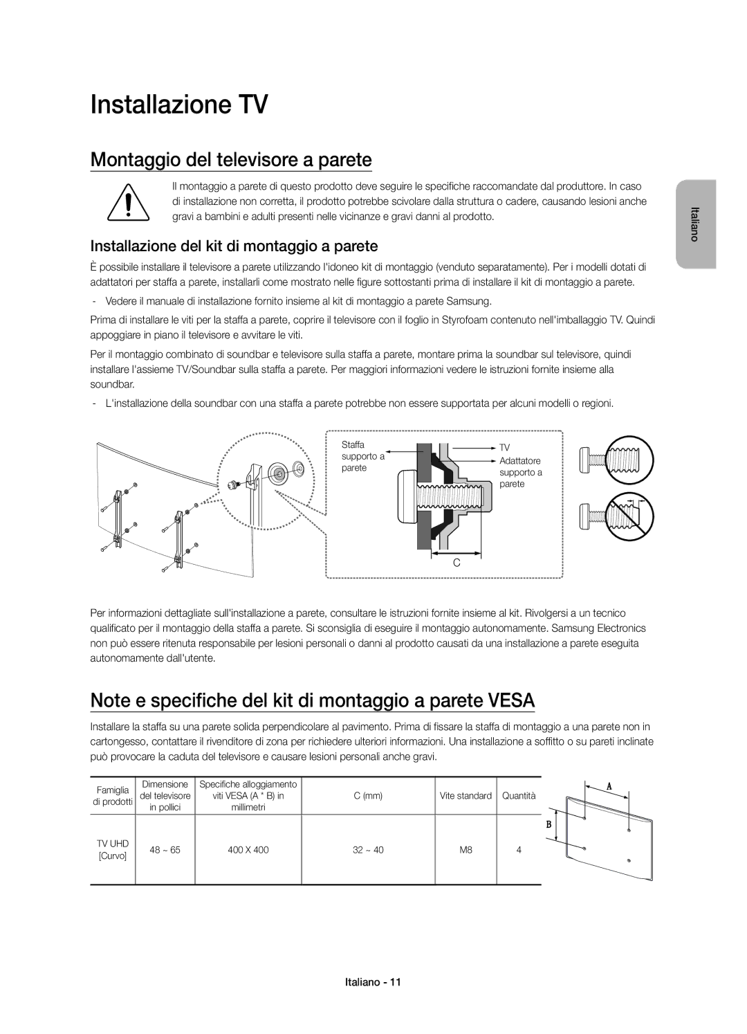 Samsung UE55JS8500TXXC Installazione TV, Montaggio del televisore a parete, Installazione del kit di montaggio a parete 