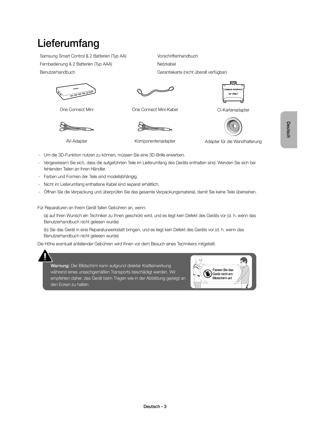 Samsung UE55JS8500TXXC manual Lieferumfang, One Connect Mini One Connect Mini-Kabel, AV-Adapter Komponentenadapter 