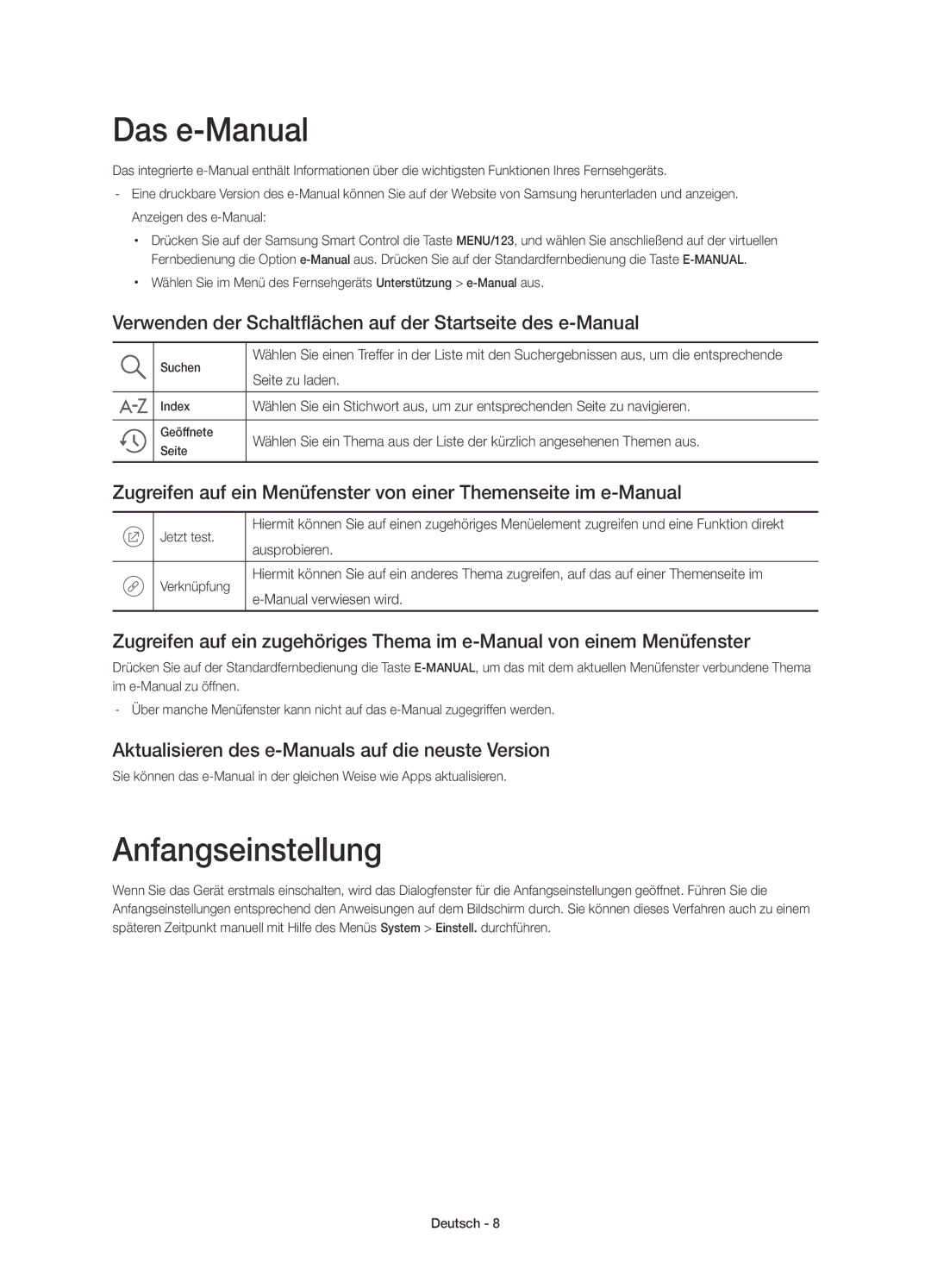 Samsung UE55JS8500TXXU manual Das e-Manual, Anfangseinstellung, Verwenden der Schaltflächen auf der Startseite des e-Manual 