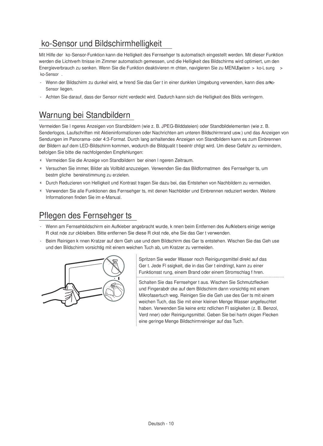 Samsung UE48JS8500TXXC manual Öko-Sensor und Bildschirmhelligkeit, Warnung bei Standbildern, Pflegen des Fernsehgeräts 